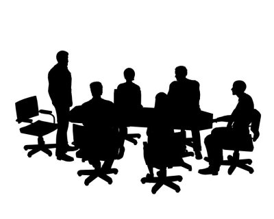 Black and white illustration of group discussion